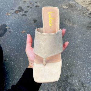 Nude suede lulus thong heels!